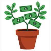 Money tree in pot illustration on white. Financial growth and luck concept artwork. vector