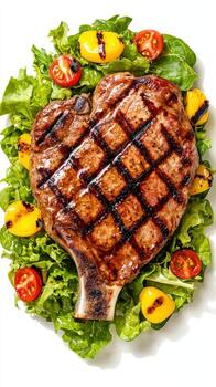 A large steak with tomatoes and lettuce on a white plate photo