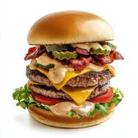 A large hamburger with cheese, bacon, and lettuce photo