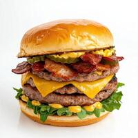 A large hamburger with bacon, cheese and lettuce photo