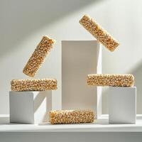 A stack of corn on a white table photo