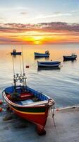 A boat is tied to a dock at sunset photo