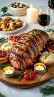 A large roast beef on a wooden platter with a glass of wine photo