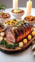 A large roast on a wooden board with many dishes photo