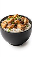 Chicken with rice in a bowl on a white background photo