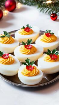 A plate of deviled eggs with a christmas tree in the background photo