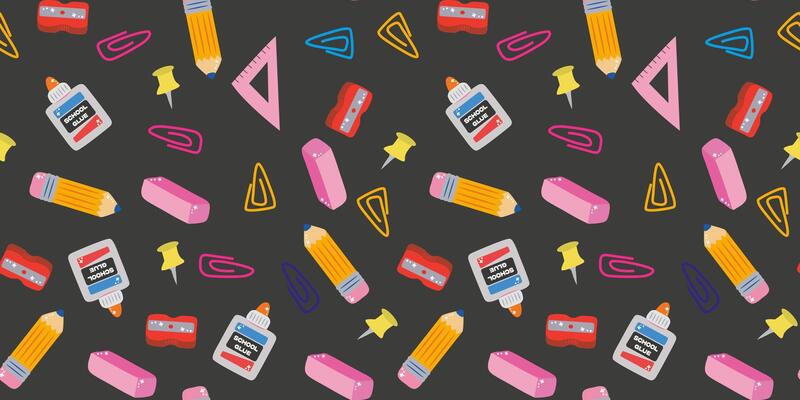 Welcome back to school. School kids stationery seamless pattern. Education supplies background for print, kids textile, notebooks. Pencil, glue, paper clips, pencil sharpener