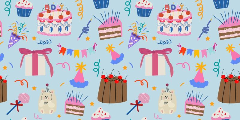 Happy Birthday seamless pattern for fabric, wrapping paper, wallpaper, textile print. Vintage cakes, cupcakes, gifts, candles, confetti. Birthday background in cartoon retro style