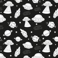 Hand drawn space seamless pattern with flying saucer, rocket, satellite, asteroid, stars. Texture with cosmic elements for print, kids fabric and wrapping paper. Black and white illustration vector