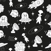 Galaxy seamless pattern with space rocket, UFO, alien creature, asteroid, stars. Texture with space elements for textile, print, kids fabric, wrapping paper. Space exploration vector