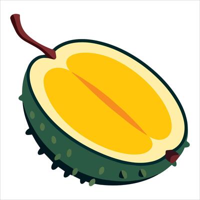 Half durian fruit illustration isolated on white. Fresh tropical produce graphic perfect for exotic food packaging and Asian cuisine branding.