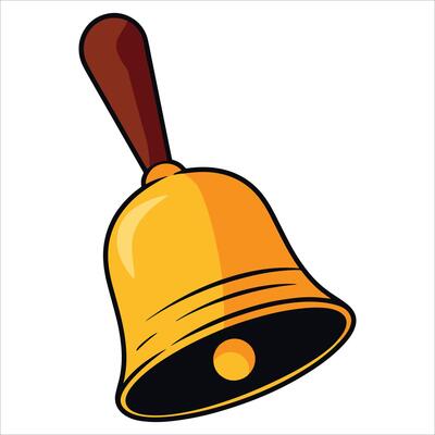 Education bell symbol for lesson start. Knowledge day and September 1 holiday sticker in cartoon flat style.