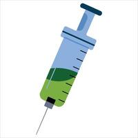 Vaccine syringe , filled with solution. Medical icon for clinics, vaccination campaigns, and science visuals. vector