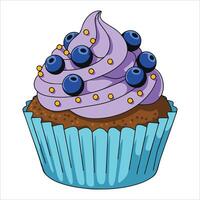 Sweet blueberry cream cupcake, sugar sprinkles on chocolate base. Flat art for bakery, pastries, and dessert concepts. vector