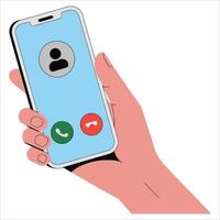 Incoming call on mobile phone, human hand holding device. flat icon of unknown caller with answer or decline options, isolated on white. vector