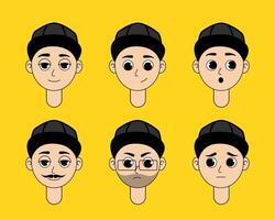 Cartoon Male Avatar Set with Black Cap Facial Expressions Pack Emotions and Characters for Animation, UI, Game, Chatbot, Social Profile Design Illustration vector