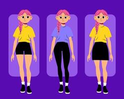Set of cartoon characters girl with different outfits and poses for animation and design projects vector
