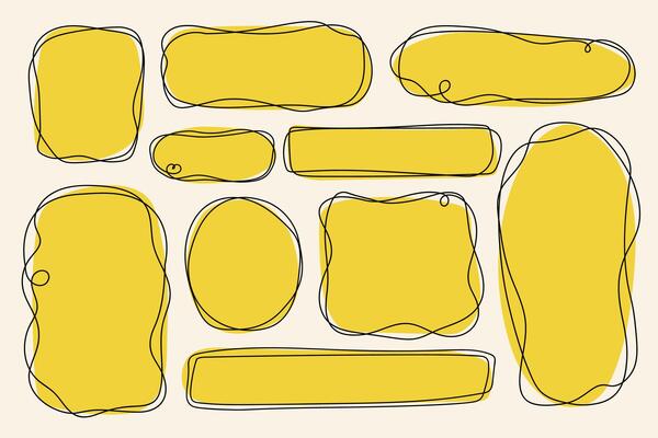Yellow abstract hand drawn shapes with sketch style outline doodles modern geometric frames artistic irregular blobs isolated