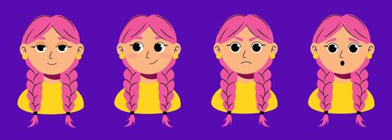 Cartoon set of facial expressions of a girl with pink hair and two pigtails, with various emotions for animation and character design vector