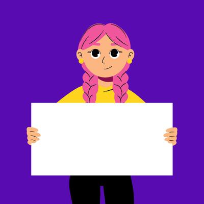 Cute girl holding blank sign for message or announcement isolated on colorful background flat cartoon illustration