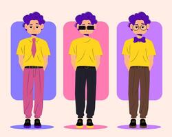 Set of cartoon male characters in fashionable outfits with accessories, casual urban avatar set, editable elements for animation design, avatar creation, user interface or motion graphics vector