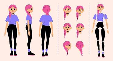 Complete set for creating a female character with several faces and limbs for animation kit and creative design. Female character ready for animation with pink hair and braid vector