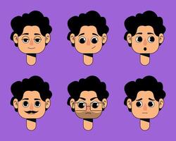 Curly Haired Cartoon Man Avatar Pack Emotional Face Expressions Flat Character for App, Game, UI, Social Media, Animation, and Chatbot Use vector