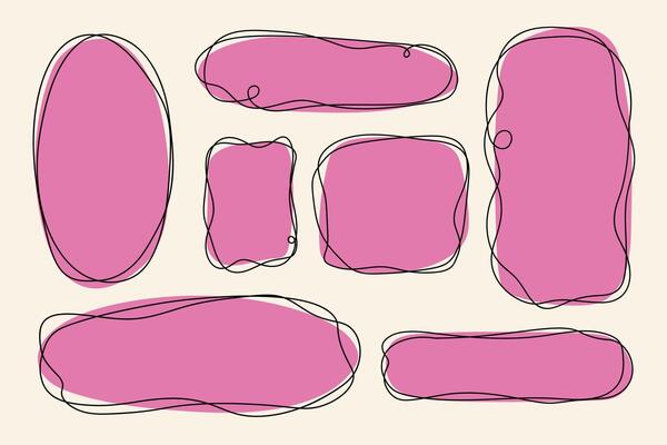 Set of organic shapes in pink color with hand drawn frame. Pink abstract freeform shapes with sketch style outline creative spots
