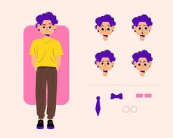 Modular cartoon male character creator kit with editable face expressions accessories and fashion elements ideal for animation game design UI avatars or creative storytelling illustrations vector