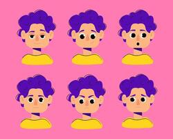 Young Cartoon Boy with Curly Purple Hair Emotions and Avatar Pack Flat Character Design for Games, Apps, UI, Chatbot, and Animation Projects Editable Faces vector