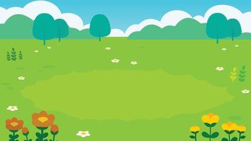 A cartoon illustration of a field with flowers and trees vector