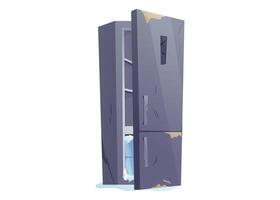 cartoon illustration of old dirty fridge with broken panel, scratches, slightly open door. Worn out refrigerator with stains and damage, for game backgrounds, or abandoned interiors. vector