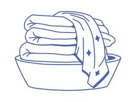 Hand drawn blue line art of folded towels in a bowl with cloth and sparkles. Clean laundry or cozy home decor element. Minimal isolated illustration on white background. vector