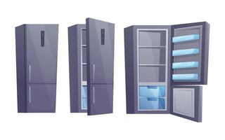 Modern Cartoon isolated Refrigerator Set, Closed, Half-Open, and Open Views of a Clean Metallic Kitchen Fridge with Interior Shelves and Freezer vector