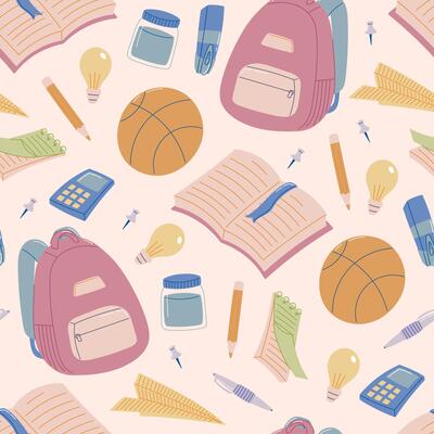 Seamless pattern with cute school supplies in pastel tones. Includes backpacks, notebooks, pencils, calculators, and basketballs. Perfect for kids products, stationery, and fabric prints.