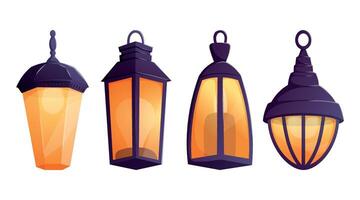 Set of four isolated vintage lanterns with glowing orange light and dark tops. illustration perfect for magical, festive, medieval, or fantasy themed projects and decorative assets. vector