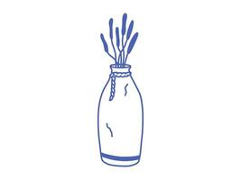 Minimal doodle hand drawn illustration of a decorative vase with cattail plants. Simple boho home decor element for interior design, posters, cards, or digital use. Isolated on white background. vector