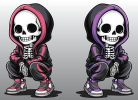 A cute girl skeleton wearing a hoodie in a crouching position. vector