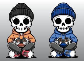 A joyful skeleton in a hoodie sitting and holding a controller. vector