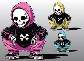 An adorable skeleton wearing a hoodie in a crouching pose. vector