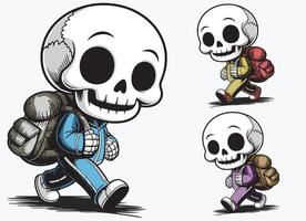 A joyful skeleton walking with a backpack and smiling. vector