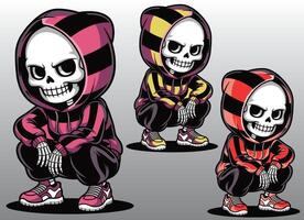 A cute girl skeleton wearing a hoodie in a crouching position with a grin on her face. vector