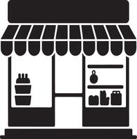 Simple black and white icon of a small store with awning. vector