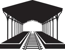 Black silhouette of train station platform and tracks. vector