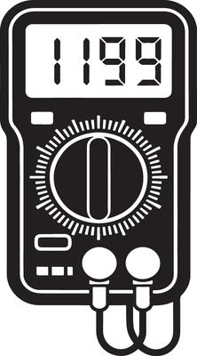 Analog multimeter with probes illustration black and white icon.