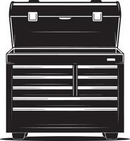 Open black tool chest with multiple drawers and a top compartment vector