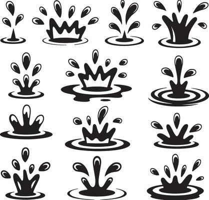 Collection of black and white water splash illustrations