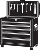 Black and white illustration of a mechanic s tool chest with open lid and various wrenches vector
