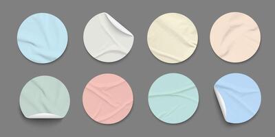 Pastel color round realistic paper stickers with folds vector