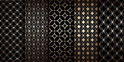Golden geometric seamless patterns with round linear shapes, art deco motif vector
